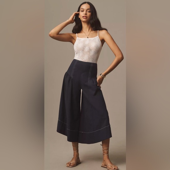 By Anthropologie Extended Waist Linen Navy Blue Wide Leg Pants sz 14 NWT